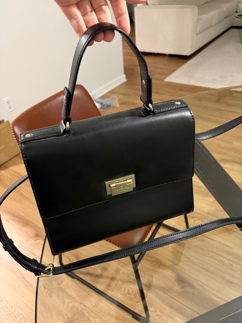 kate spade Black Leather Structured Top-Handle Satchel with Gold Hardware